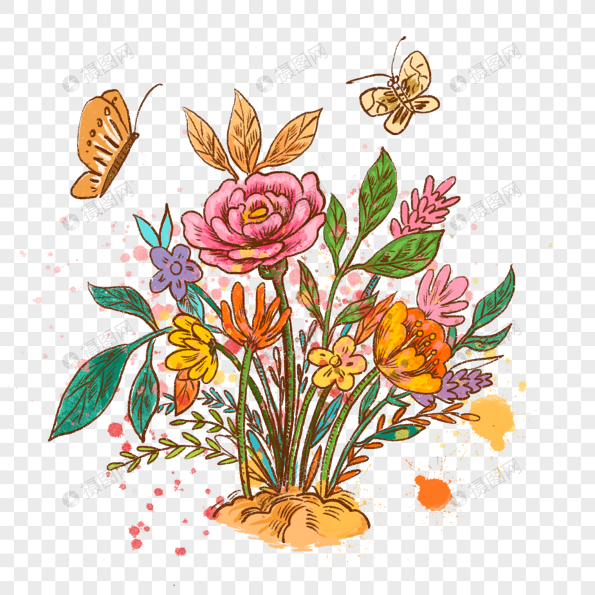 鲜花花朵蝴蝶植物插画手绘文艺花束小清新
