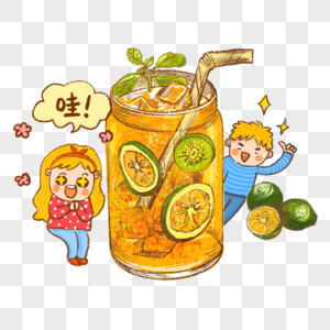 冷饮饮料水果茶百香果汁青柠檬手绘插画人物卡通高清图片