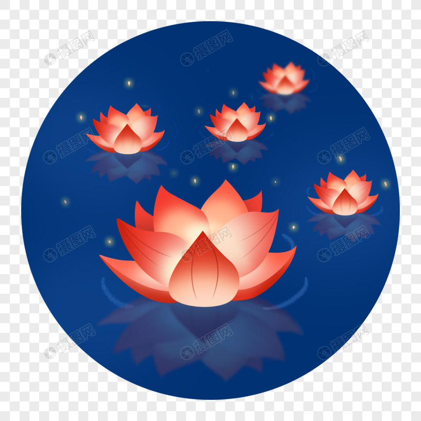 免抠元素 手绘/卡通元素 中元节 中元节漂浮的莲花灯河灯.