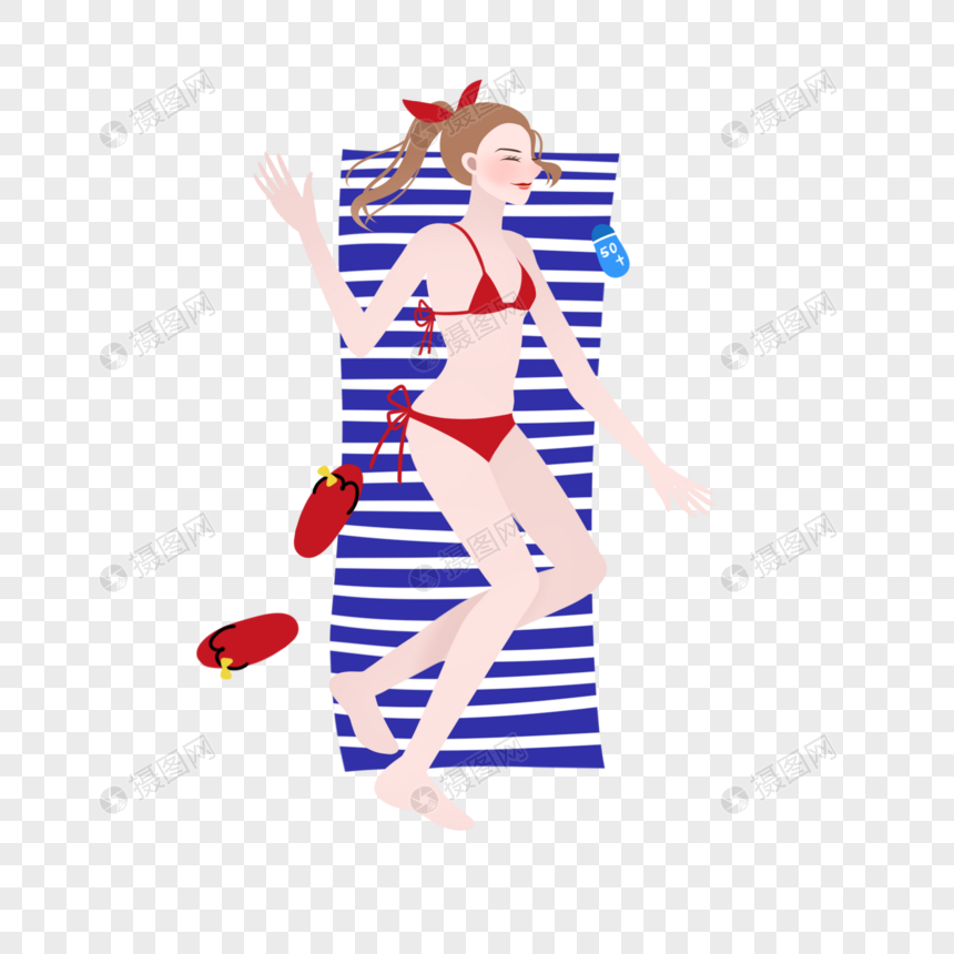 蓝白条子沙滩垫上侧躺晒太阳红色比基尼马尾妹子图片