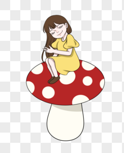小小的坐波点蘑菇上的小女孩图片