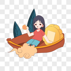 坐在船上吃月饼的女孩图片