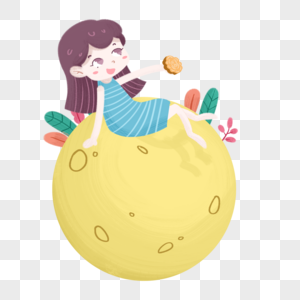 坐在月亮上吃月饼的女孩图片
