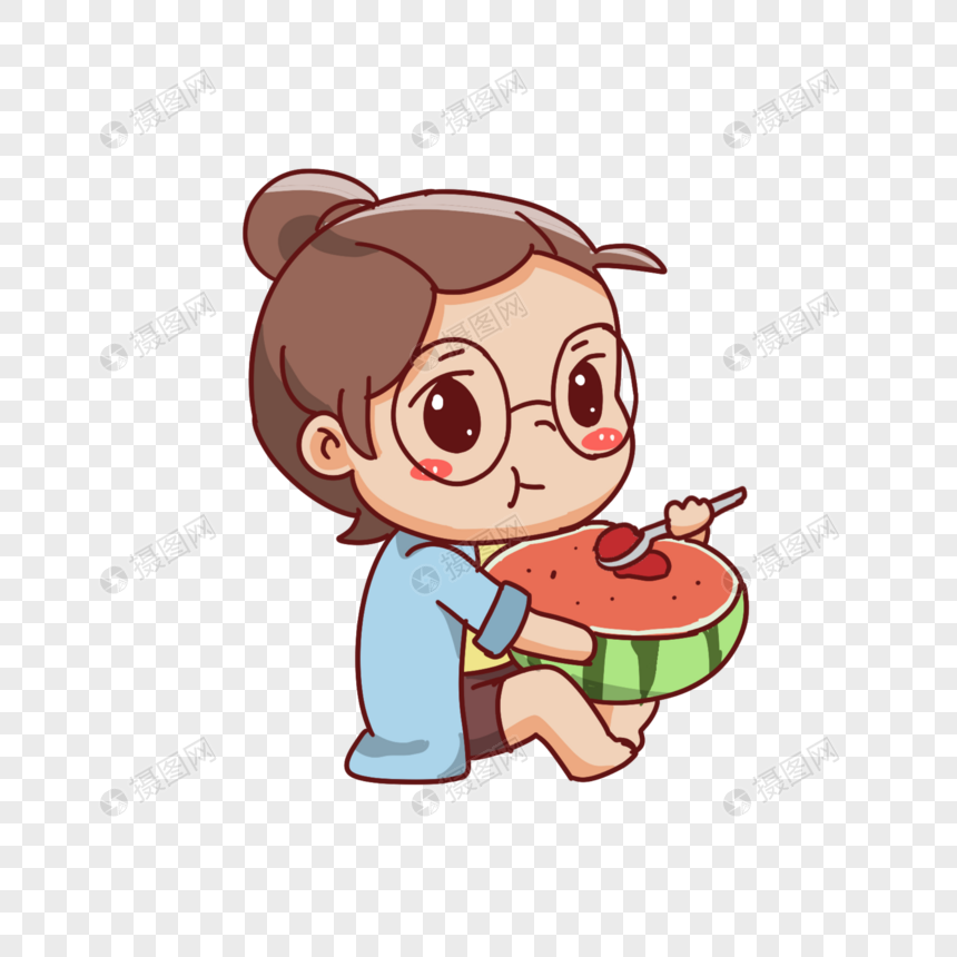 免抠元素 手绘/卡通元素 吃西瓜的女孩.
