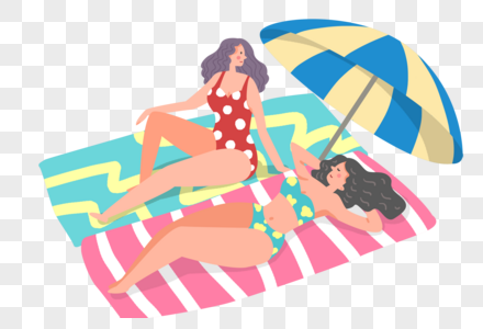手绘卡通夏季度假日光浴的女人们高清图片