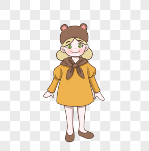 棕熊耳朵帽子黄色衣裙小女孩图片