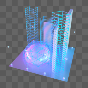 楼空间城市建筑抽象方形圆球科技光点线蓝色粒子图片