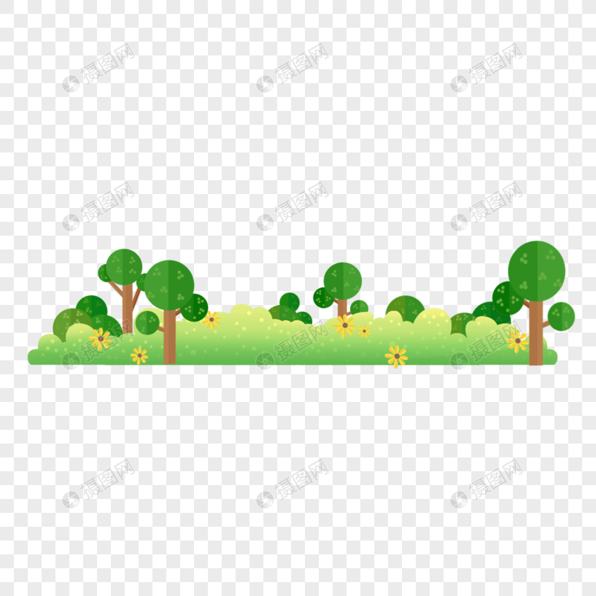 手绘卡通绿色可爱清新草地黄色小树环保健康图片