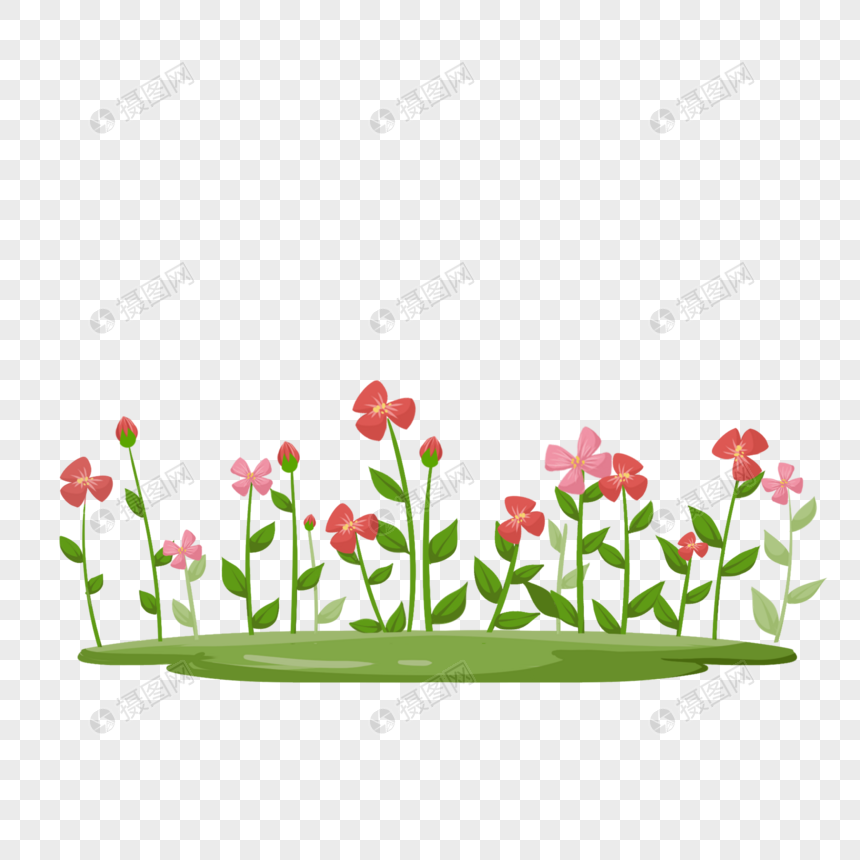 手绘卡通绿色可爱草地花卉花丛小红花图片