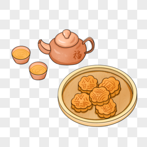 手绘月饼和茶水高清图片