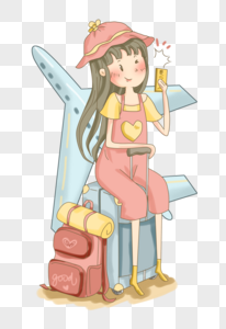坐飞机出行旅游的女孩PNG图片