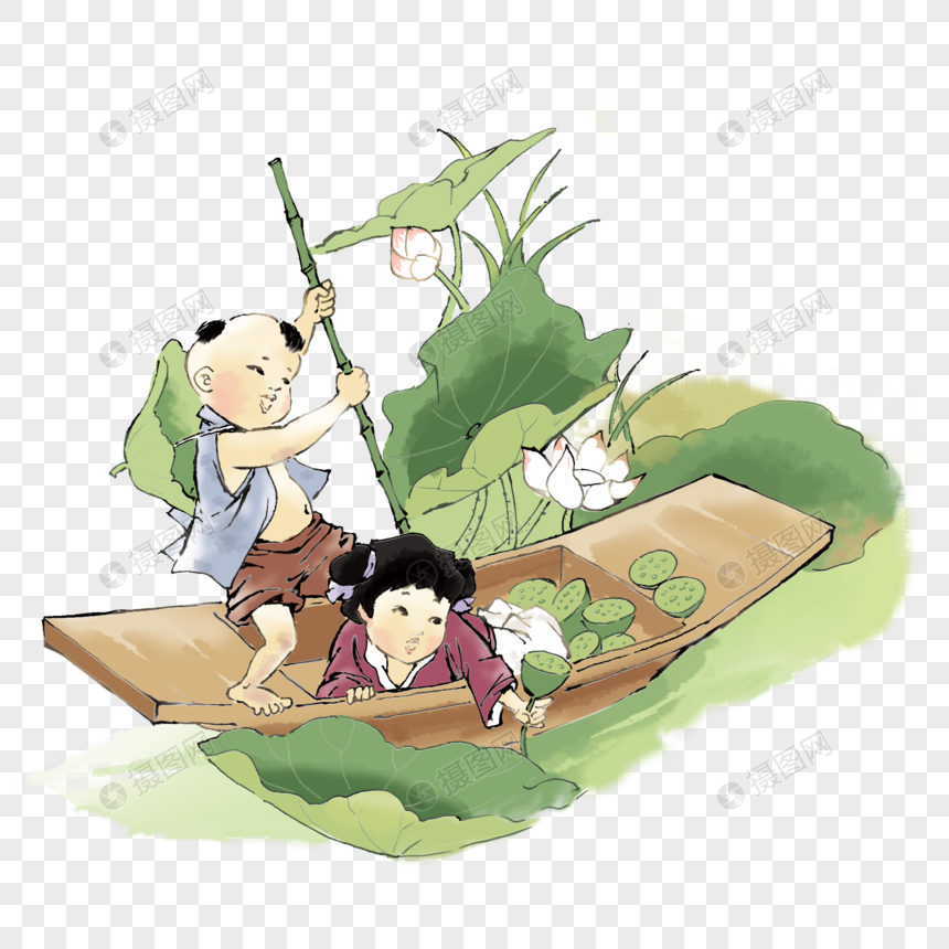 免抠元素 手绘/卡通元素 国画水墨儿童采莲.psd