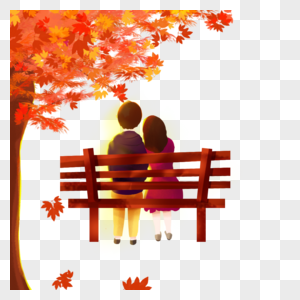 秋天坐在公园的情侣插画图片