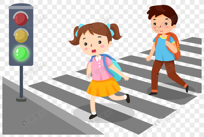 免抠元素 手绘/卡通元素 手绘上学过马路的学生.psd