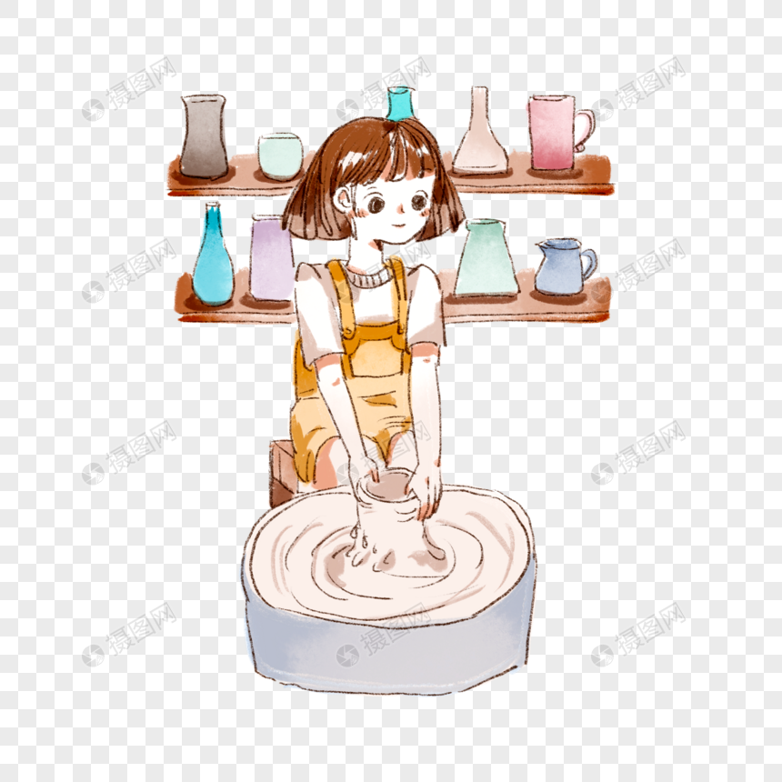 免抠元素 手绘/卡通元素 做陶艺的女孩.psd