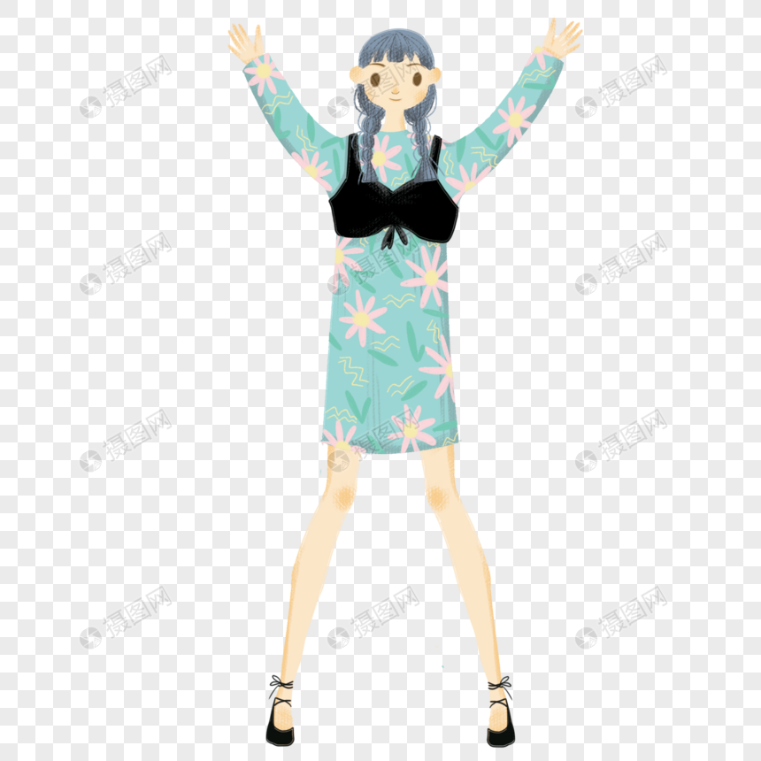 卡通女生连衣裙举双手