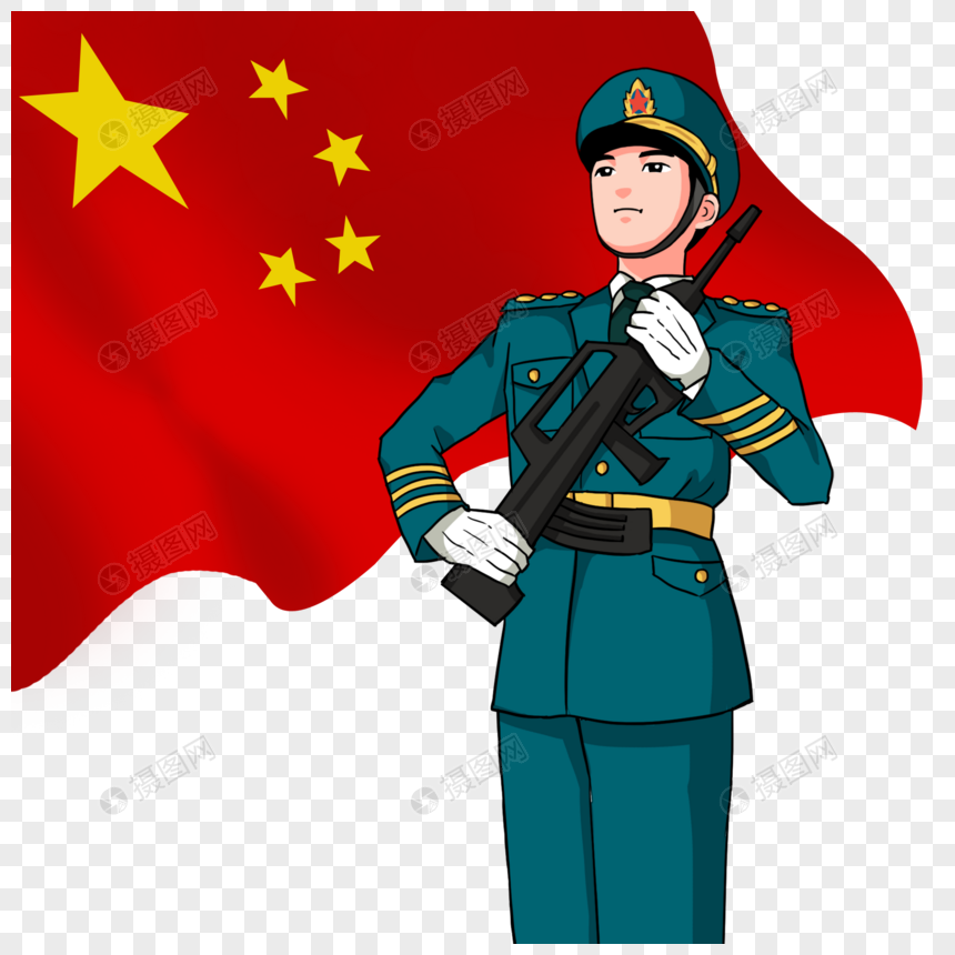 卡通军人国旗下护卫军装持枪