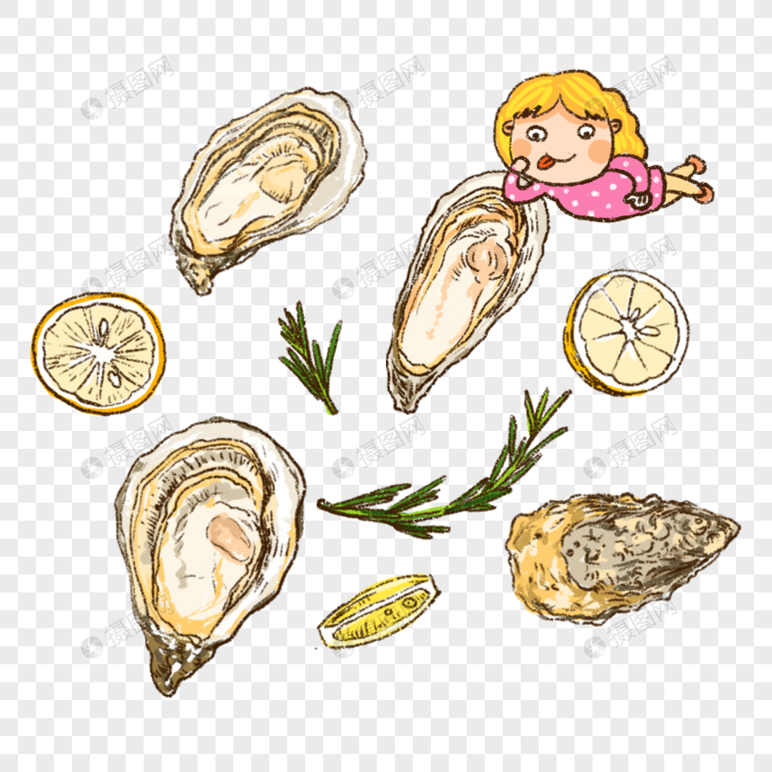 海鲜生蚝柠檬美食手绘插画小清新图片