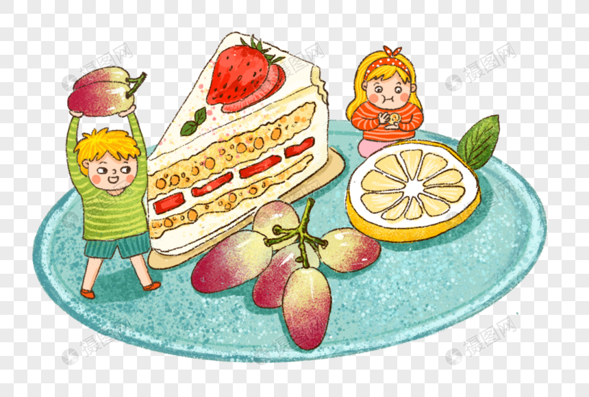 蛋糕提子草莓美食人物表情卡通可爱手绘插画
