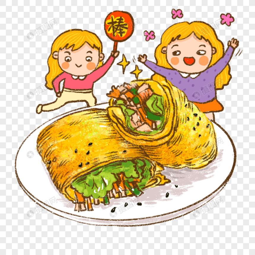 煎饼手捉饼美食蔬菜鸡蛋卡通人物表情可爱手绘插画