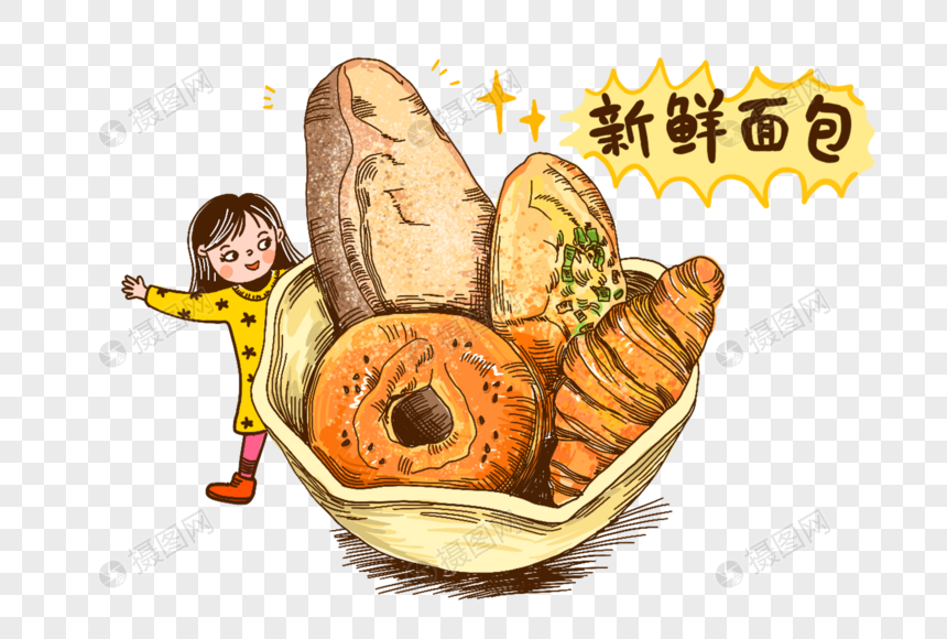 面包美食烘焙手绘线描插画人物卡通可爱图片