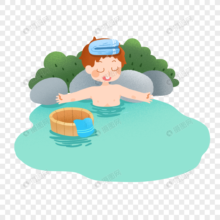 秋天养生泡温泉的男孩