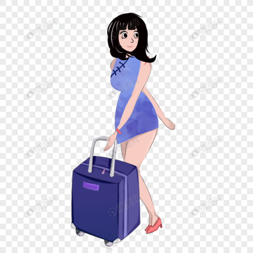 国庆出行拖着行李箱的卡通人物手绘图片