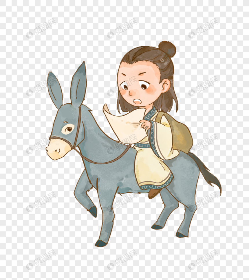 免抠元素 手绘/卡通元素 骑着毛驴赶考的书生.psd