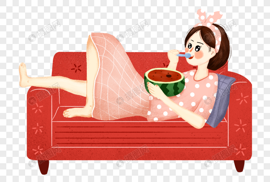 躺在沙发上吃西瓜的女孩
