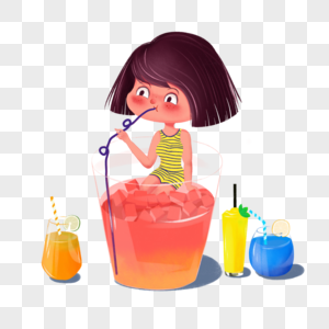 坐杯子里喝果汁的女孩高清图片