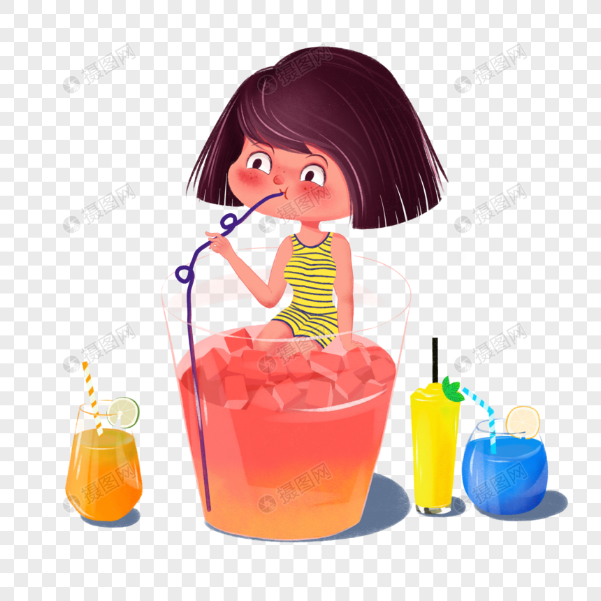 坐杯子里喝果汁的女孩图片