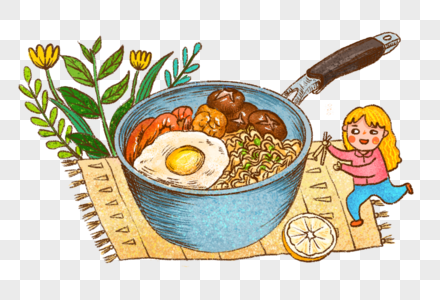 泡面鸡蛋香菇美食卡通人物手绘插画高清图片