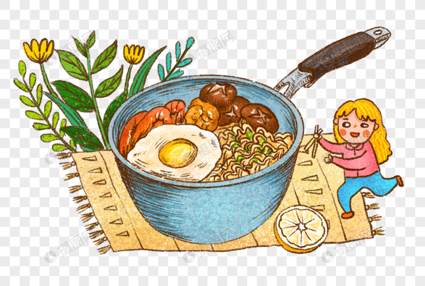 泡面鸡蛋香菇美食卡通人物手绘插画图片