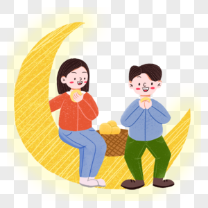 清新扁平中秋节坐在月亮上吃月饼元素图片
