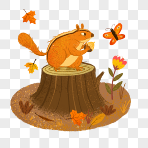 小松鼠秋天落叶枯草小动物可爱栗子枯树插画手绘高清图片