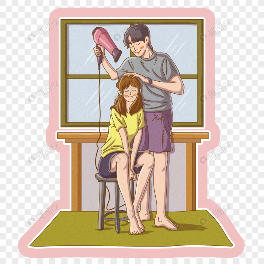 帮女友吹头发的男孩