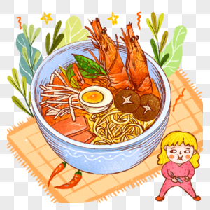 泡面冬阴功虾午餐肉冬菇鸡蛋美食卡通人物手绘插画可爱高清图片