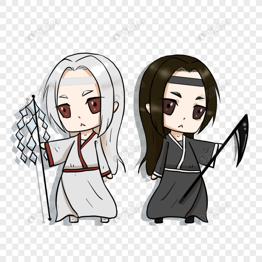 手绘中元节q版卡通黑白无常