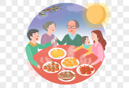 手绘中秋节全家团聚吃饭插图高清图片