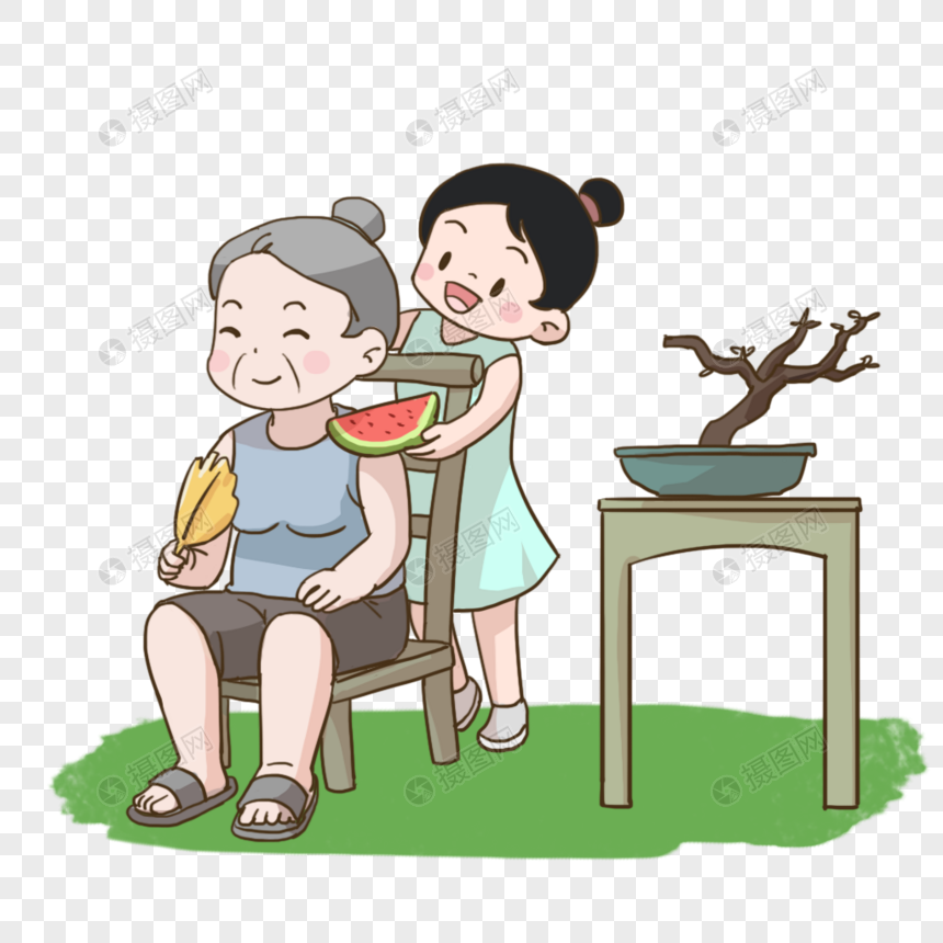 奶奶和小女孩乘凉
