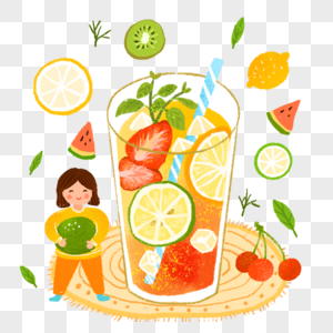 饮料水果茶冷饮草莓奇异果西瓜柠檬卡通人物夏天手绘插画图片
