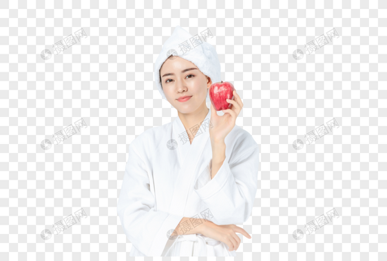 穿浴袍女生手拿苹果图片
