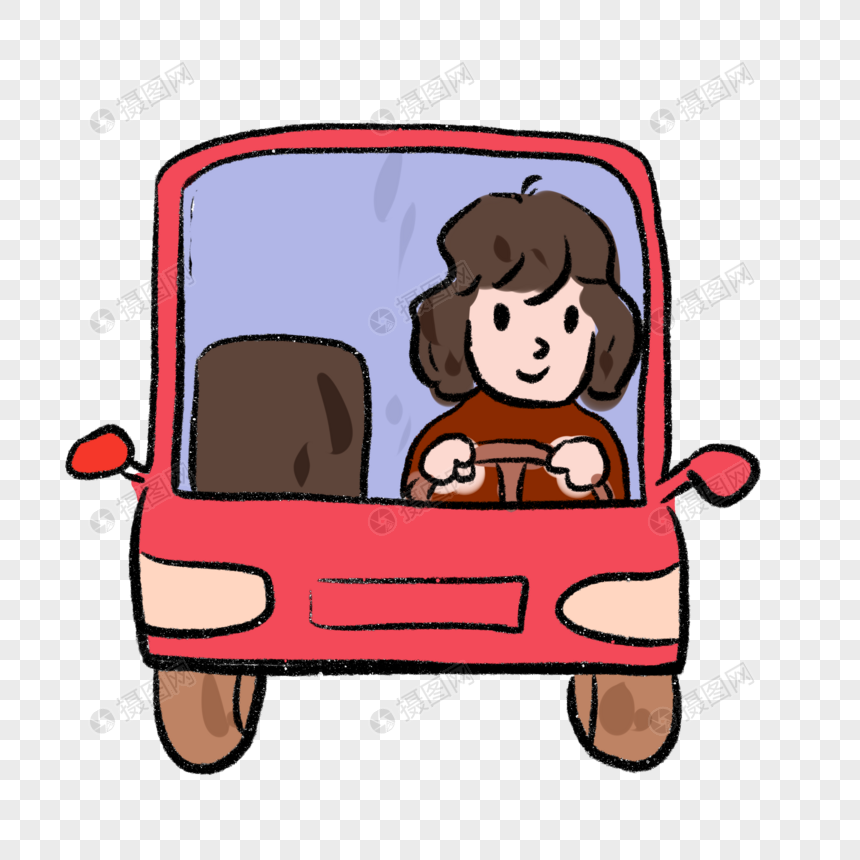 手绘女孩开着红色轿车卡通漫画元素图片