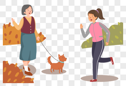 手绘秋季遛狗的老奶奶和跑步的女人打招呼图片