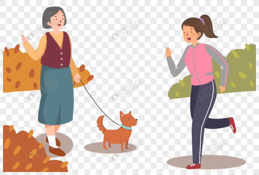 手绘秋季遛狗的老奶奶和跑步的女人打招呼图片