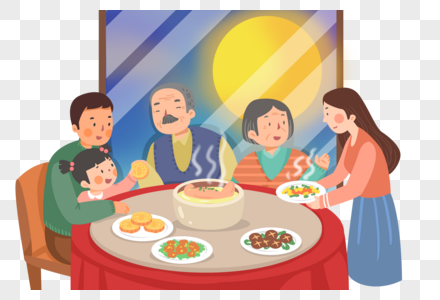 手绘中秋节吃团圆饭赏月的全家人高清图片