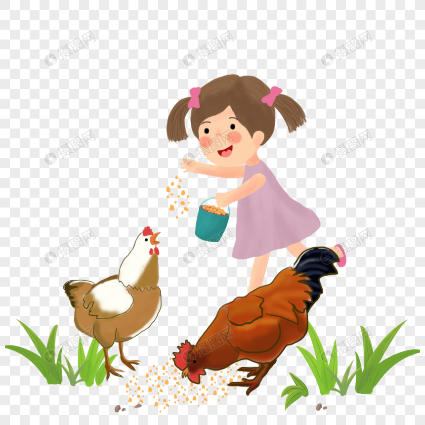 免抠元素 手绘/卡通元素 给鸡喂食的女孩.psd