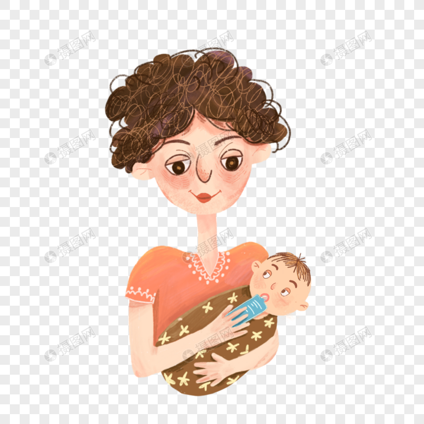 卡通卷发妈妈抱着婴儿
