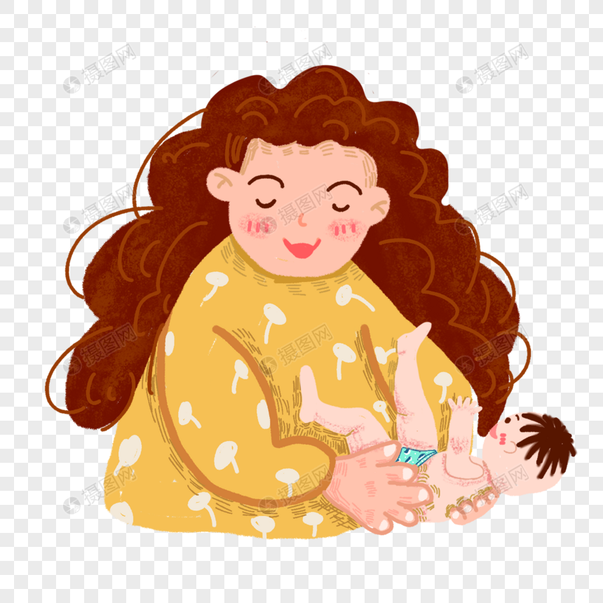 卡通卷发妈妈怀抱婴儿