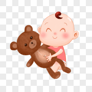 可爱手绘抱着玩偶的婴儿图片